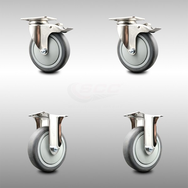 Service Caster 5 Inch 316SS Thermoplastic Rubber Swivel Plate Caster Lock Brake 2 Rigid, 2PK SCC-SS316TTL20S514-TPRB-2-R-2 - main